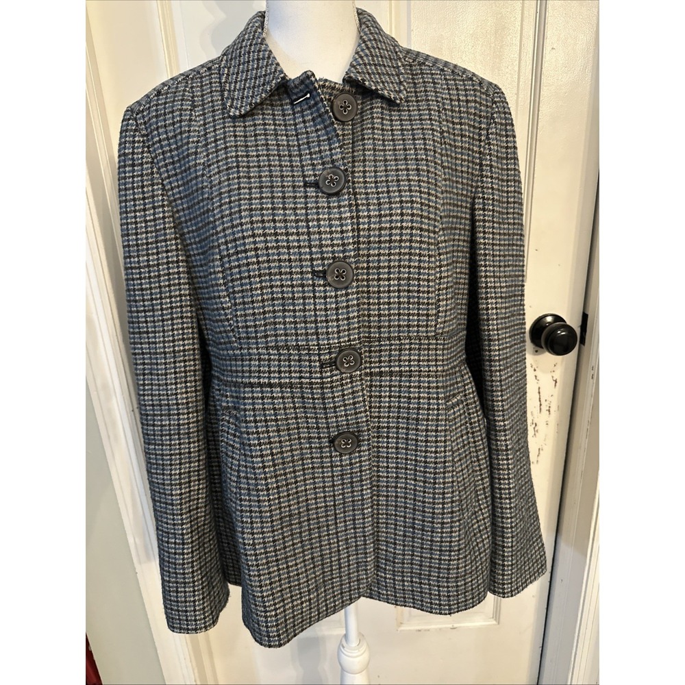 BANANA REPUBLIC Womens Jacket Sz 14 Blue Multi Houndstooth Pea Coat‎ Wool Linen